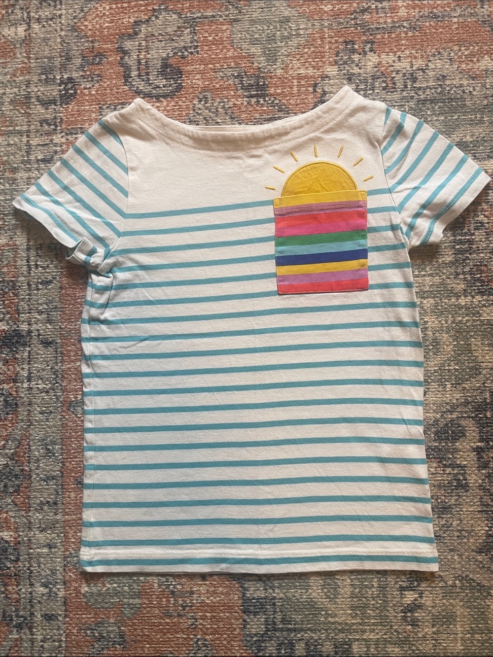 Mini Boden Striped Tee with Rainbow/Sunshine Pocket (size 7-8Y)